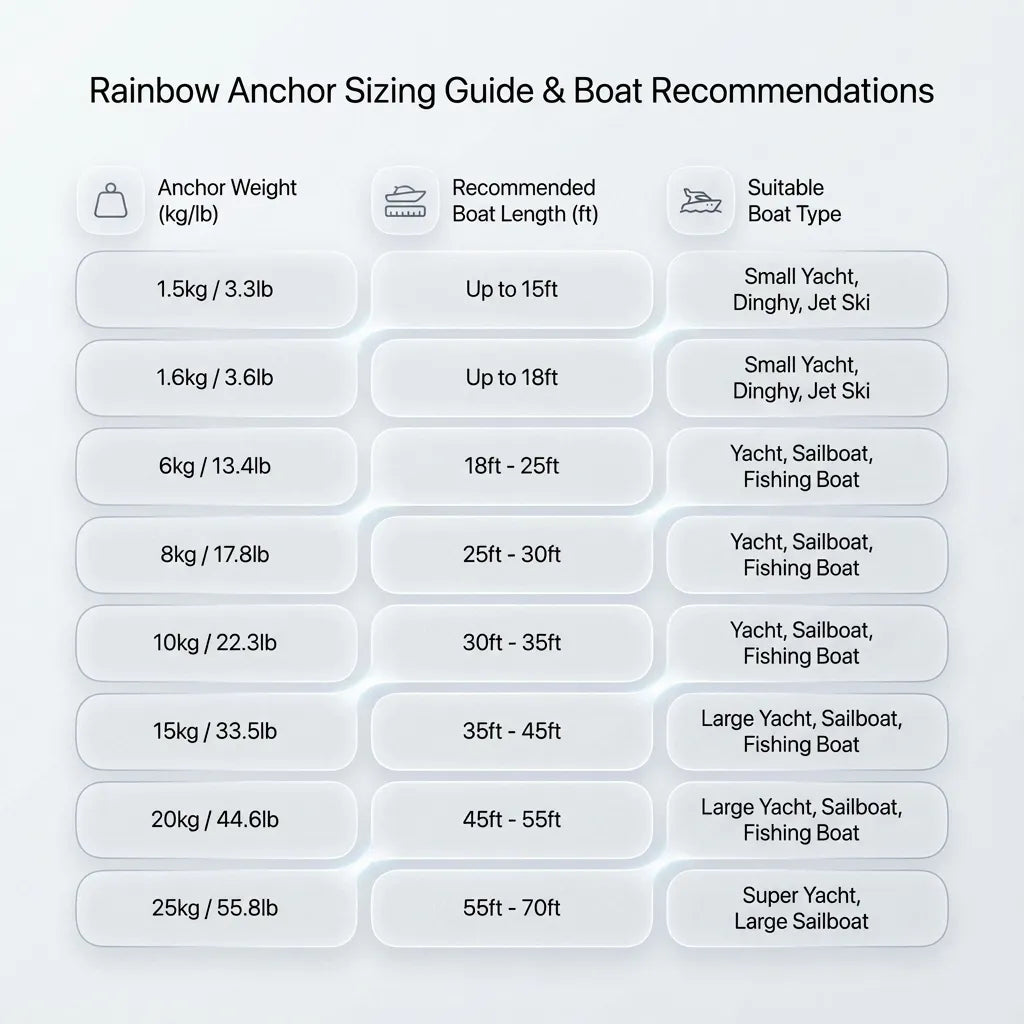 Anchor sizing chart matching weights from 1.5kg to 25kg with recommended boat lengths from 15ft to 70ft for various vessel types.