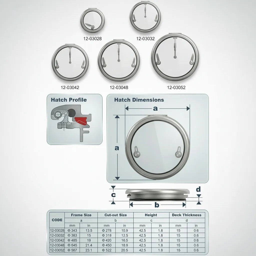 Technical dimension chart listing frame size, cut-out size, height, and deck thickness for models 12-03028 through 12-03052.