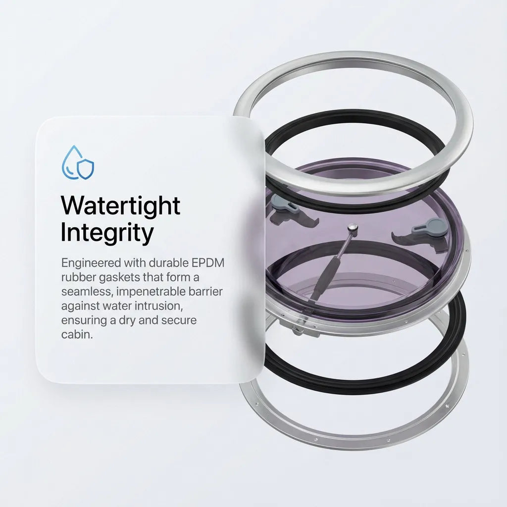 Exploded diagram showing the layered assembly of the deck hatch including the aluminum frame, EPDM rubber gaskets, and acrylic lens.