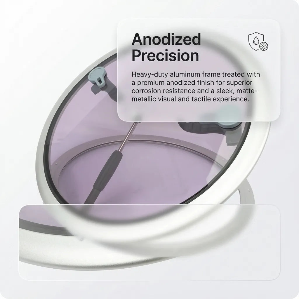 Macro view of the heavy-duty aluminum frame showing the matte-metallic anodized finish for corrosion resistance.