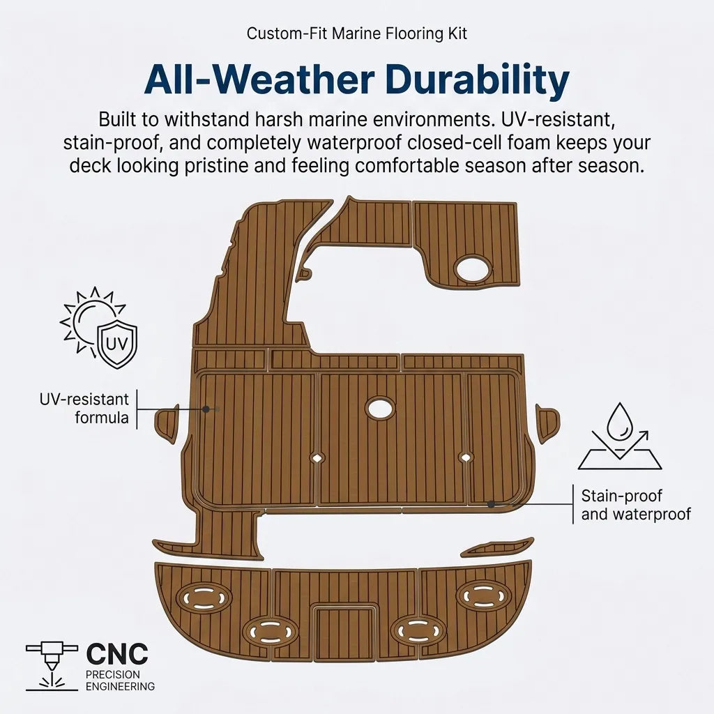 All-weather durability infographic showcasing UV-resistant, stain-proof, and waterproof qualities of closed-cell marine EVA foam flooring.