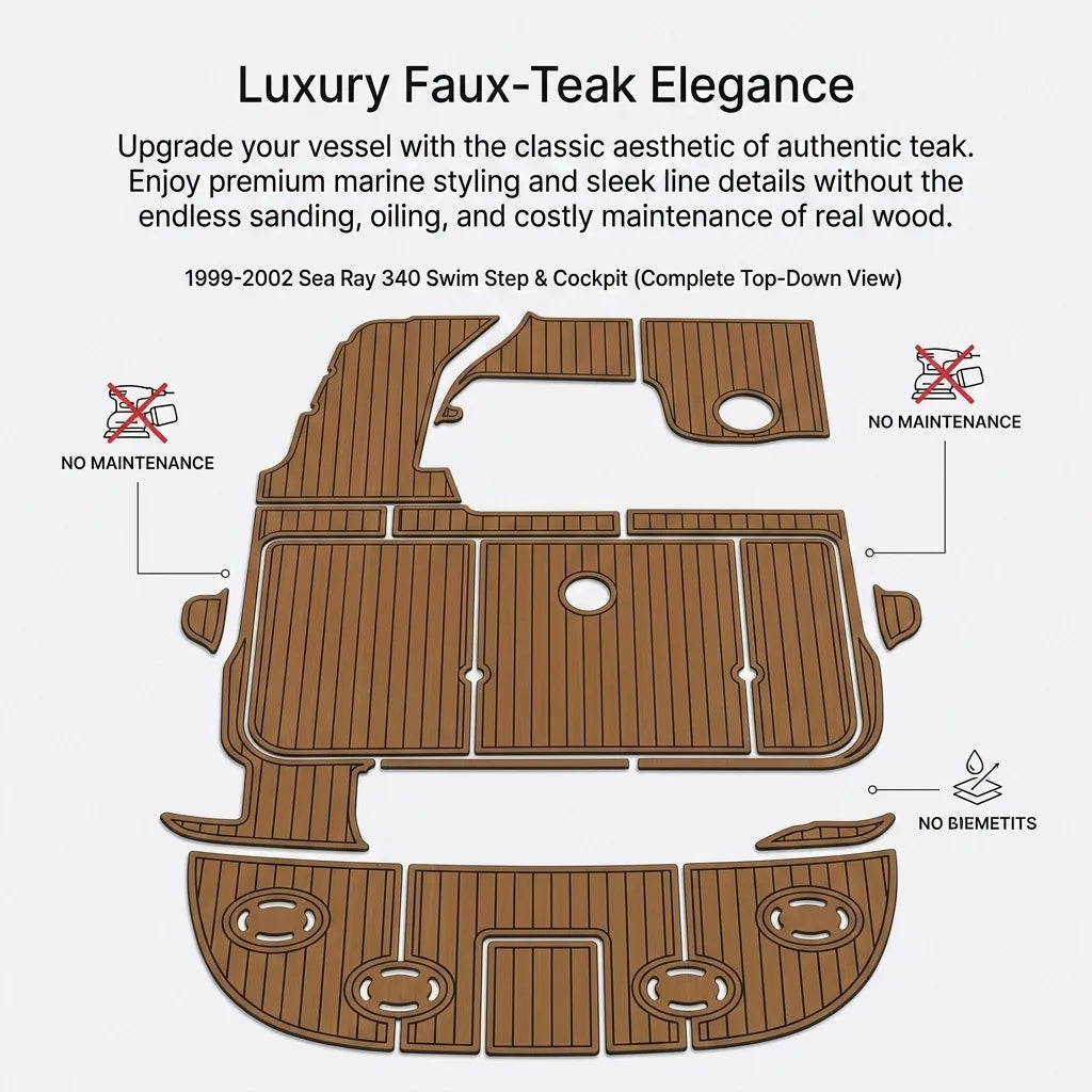 Diagram comparing low-maintenance faux teak marine decking with traditional natural teak wood, noting zero sanding, oiling, or maintenance required.