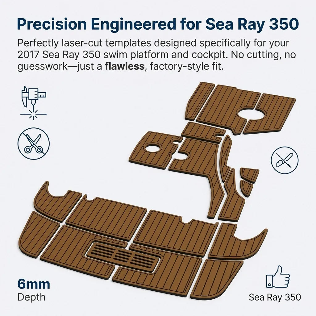 Infographic explaining the 6mm depth precision engineered laser-cut fit for Sea Ray 350 swim platform.