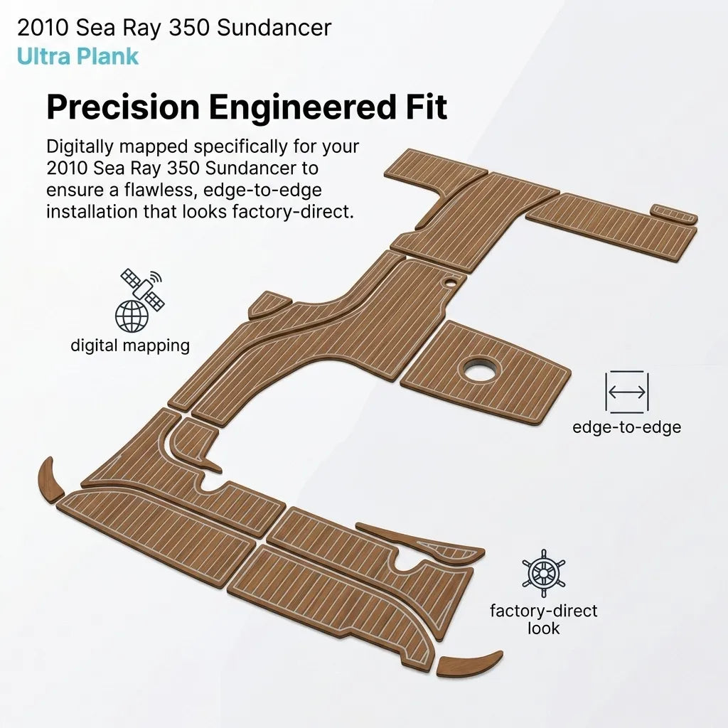Infographic showing the digital mapping and edge-to-edge fitment schematic of the EVA foam decking on a 2010 Sea Ray 350 Sundancer.