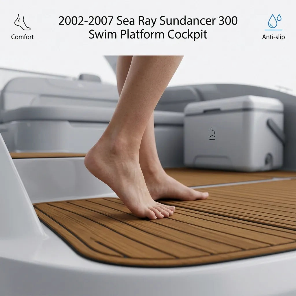 A person standing barefoot on the premium non-slip EVA foam teak decking installed in the cockpit of a Sea Ray Sundancer boat, demonstrating the textured grip, barefoot comfort, and clean geometric fit next to a marine cooler.
