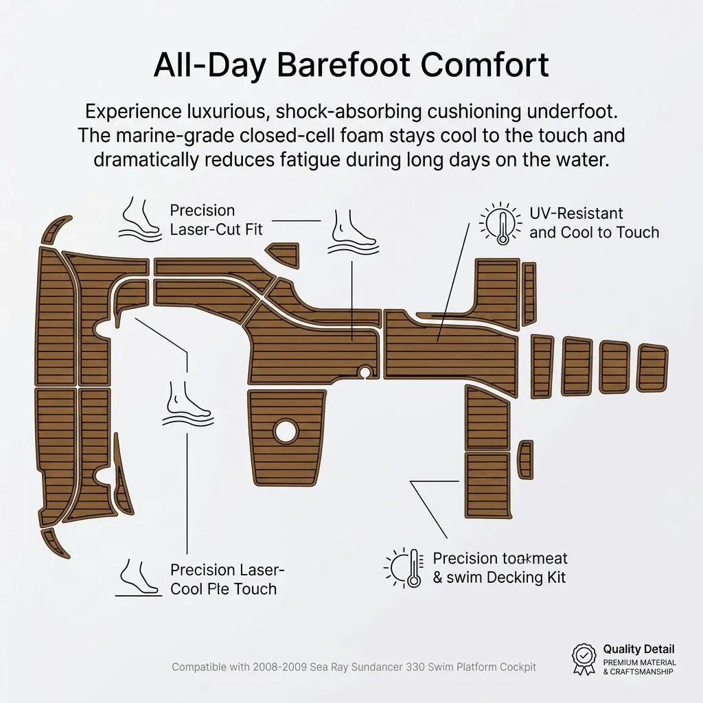 Layout diagram explaining the barefoot comfort, shock absorption, thermal insulation, and UV-resistant characteristics of the premium yacht decking upgrade.