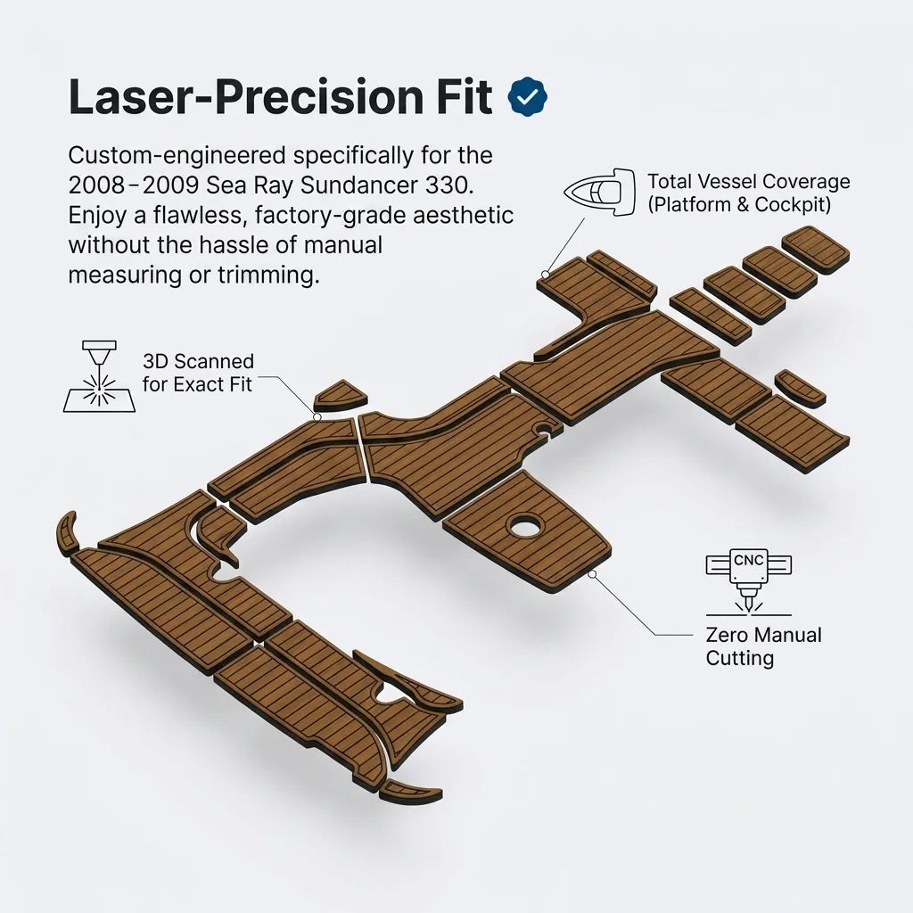 Technical infographic displaying the 3D-scanned laser-precision fit layout of the EVA foam non-skid deck pad set for the 2008-2009 Sea Ray Sundancer 330 cockpit and swim platform.
