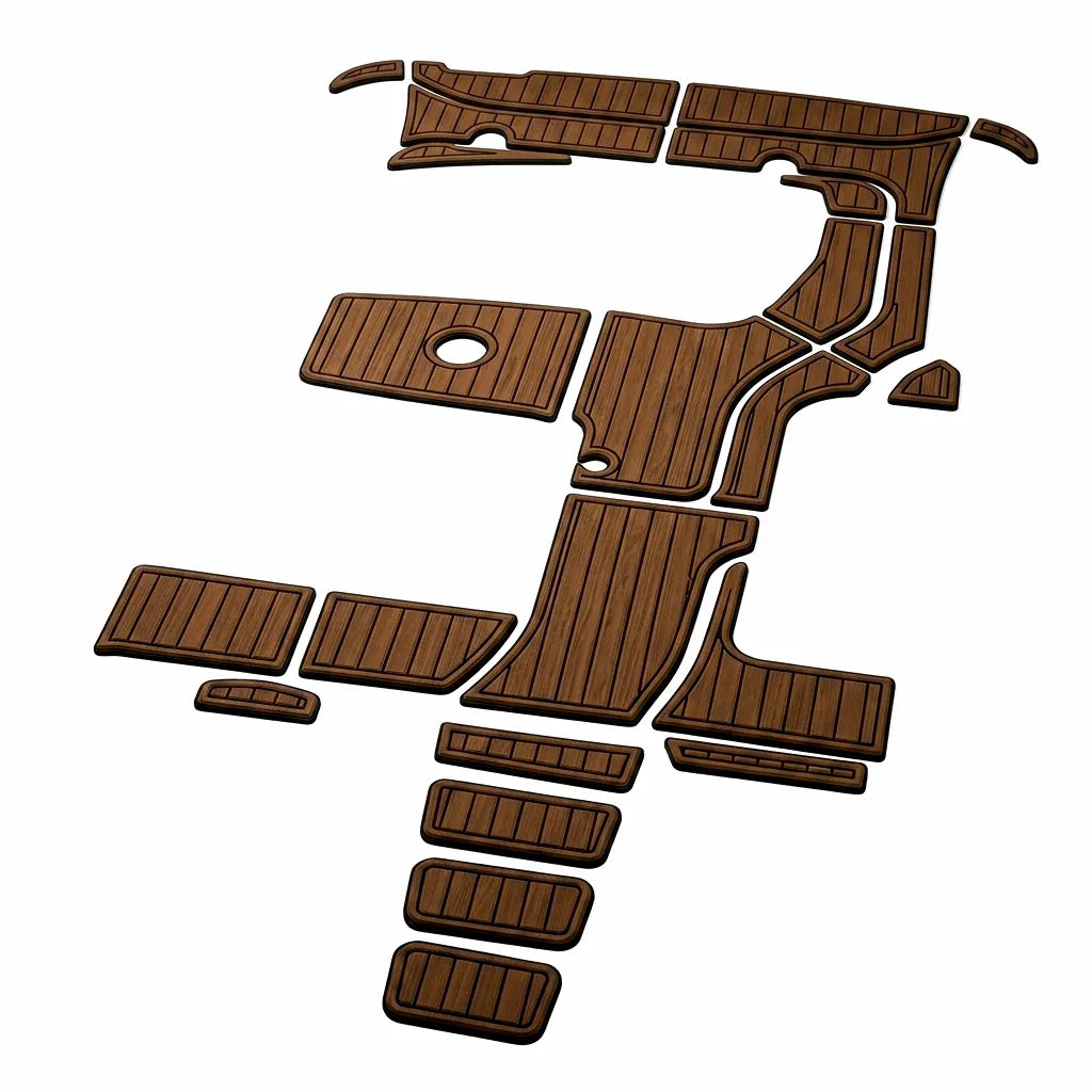 Overhead view of complete multi-piece marine CNC-cut EVA foam decking kit in brushed teak brown with black grooves, designed custom for the Sea Ray Sundancer 330.