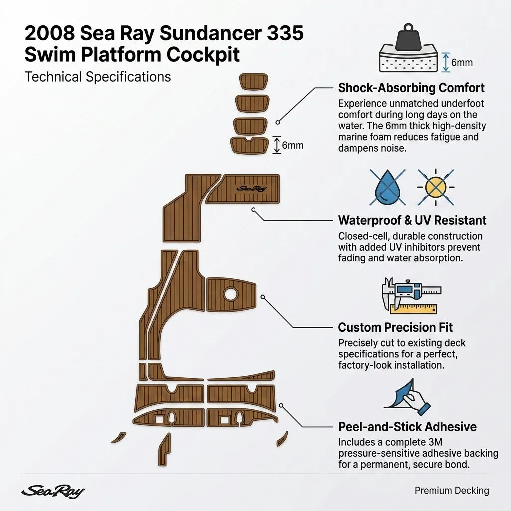 Technical infographic illustrating the 6mm thickness, shock-absorbing properties, waterproof closed-cell construction, and 3M peel-and-stick adhesive backing.