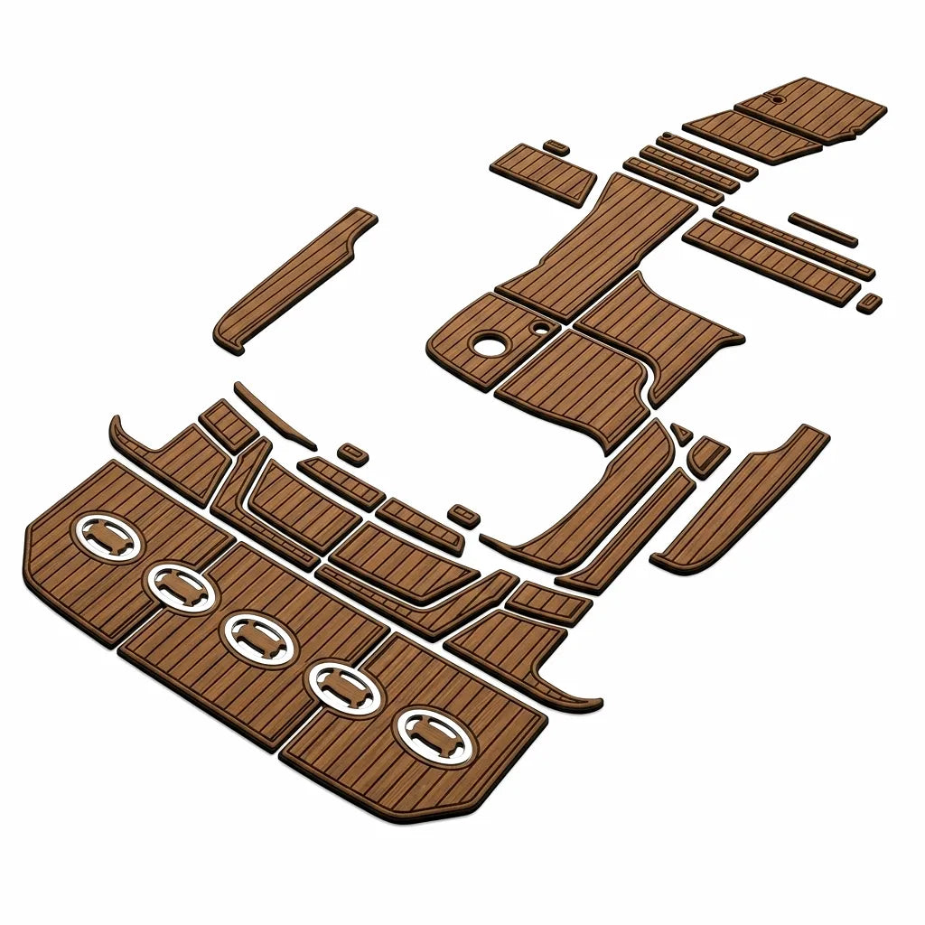 Complete precision CNC cut brown and black EVA foam teak decking kit layout for the 2008-2009 Sea Ray Sundancer 350 swim platform and cockpit.