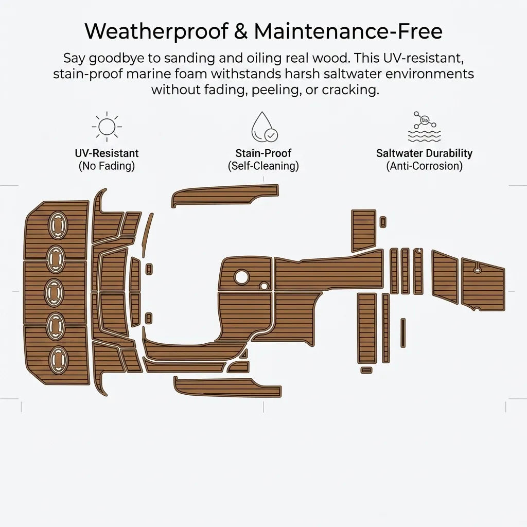 Infographic illustrating the weatherproof, stain-proof, UV-resistant, and saltwater-durable material specs of the marine foam floor.