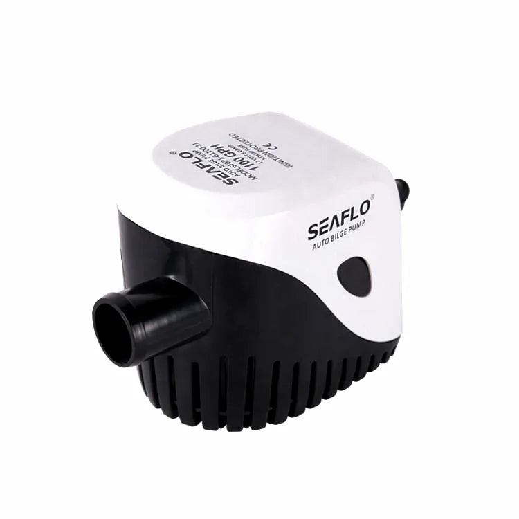 SEAFLO 1100 GPH automatic bilge pump with an integrated magnetic float switch, showing the heavy-duty black and white ABS thermoplastic housing and 19mm water outlet.