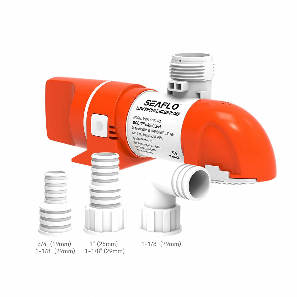 Seaflo 1100GPH low profile automatic bilge pump, orange and white with three hose barb adapters (3/4 inch, 1 inch, 1-1/8 inch), featuring ignition protection and CE RoHS markings on a white background.