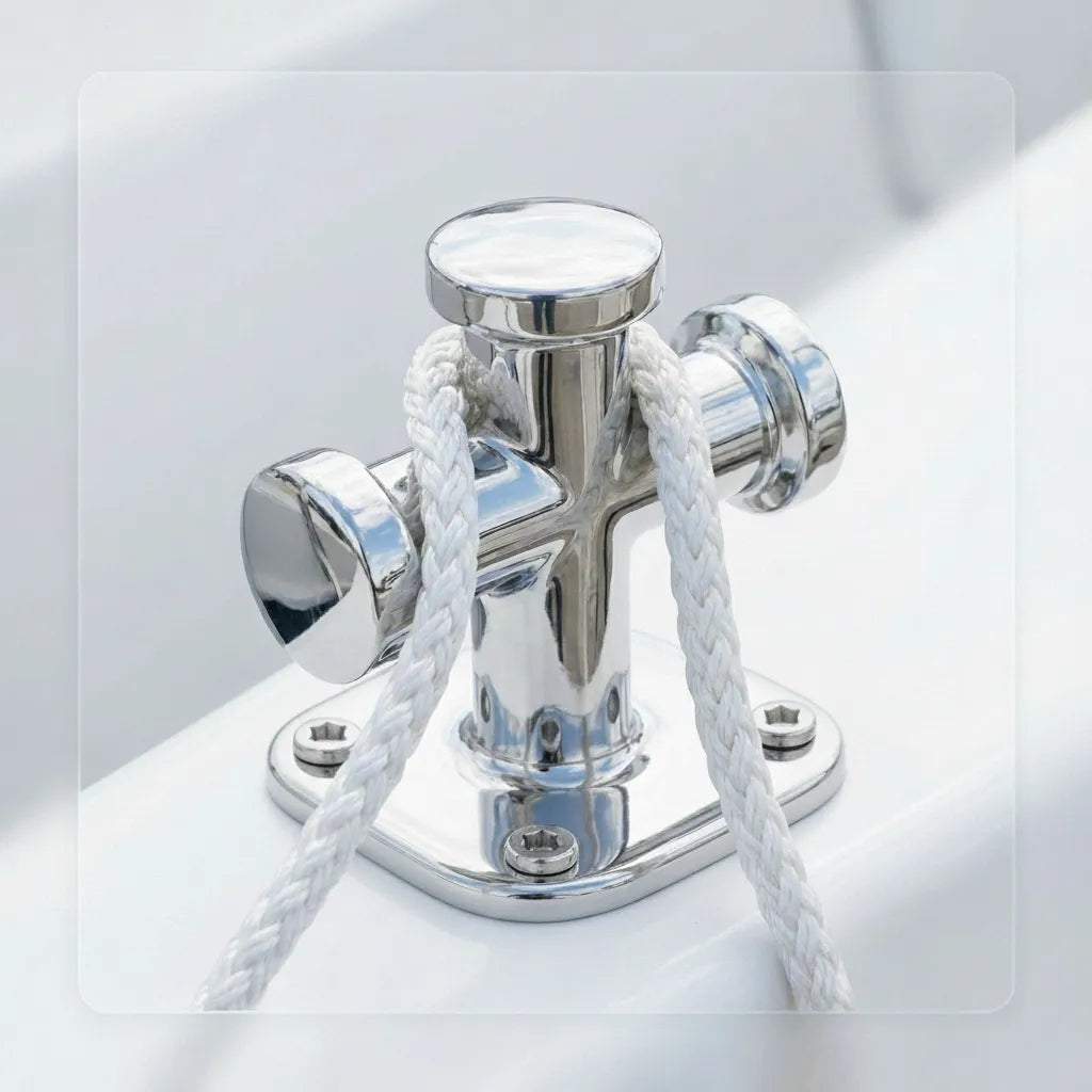 Close-up of a white braided nylon mooring line looped around the cross-bar of the stainless steel bollard mounted on a boat deck.