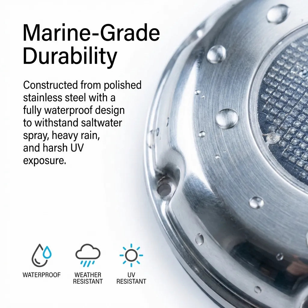 Extreme close-up of water droplets on the mirror-polished stainless steel surface, highlighting its waterproof and corrosion-resistant properties.