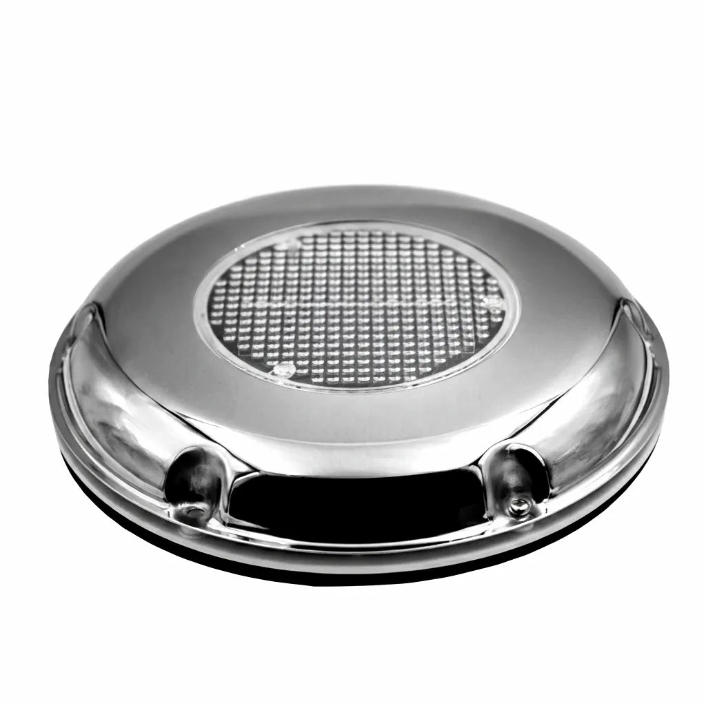 Mirror-polished stainless steel solar powered marine ventilator on a pure white background, showcasing its low-profile circular design.