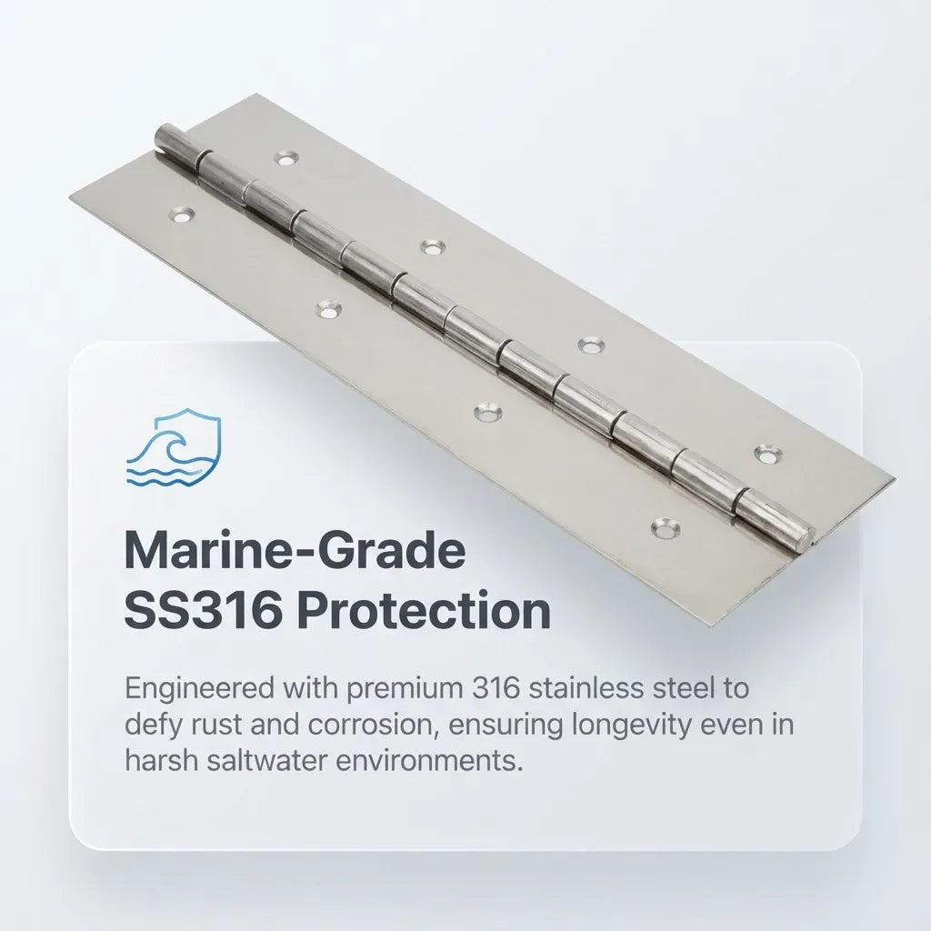 Detail view of the SS316 marine-grade steel construction with text highlighting rust and corrosion resistance for saltwater environments.