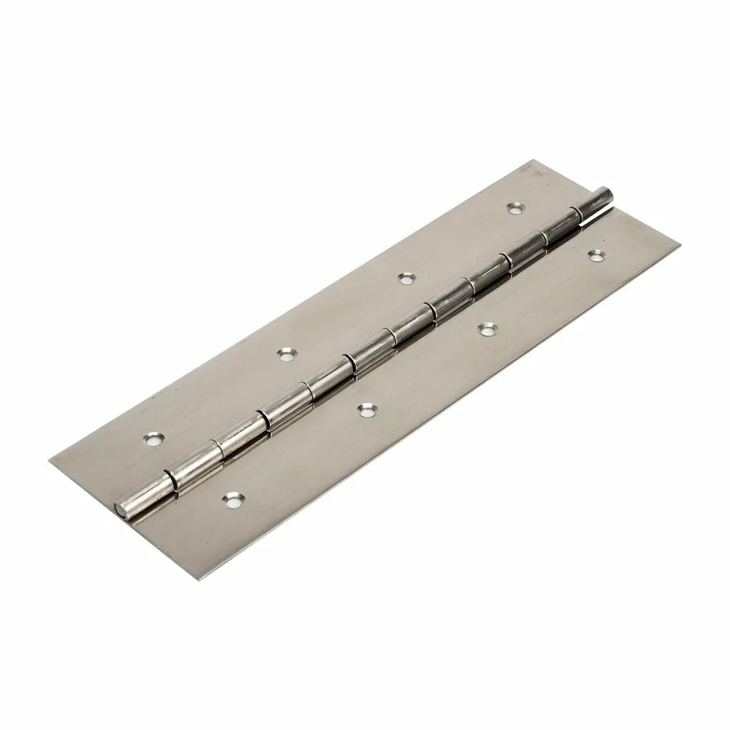 High-precision 316 stainless steel heavy-duty continuous piano hinge on a white background, showing the brushed satin finish and pre-punched countersunk holes.