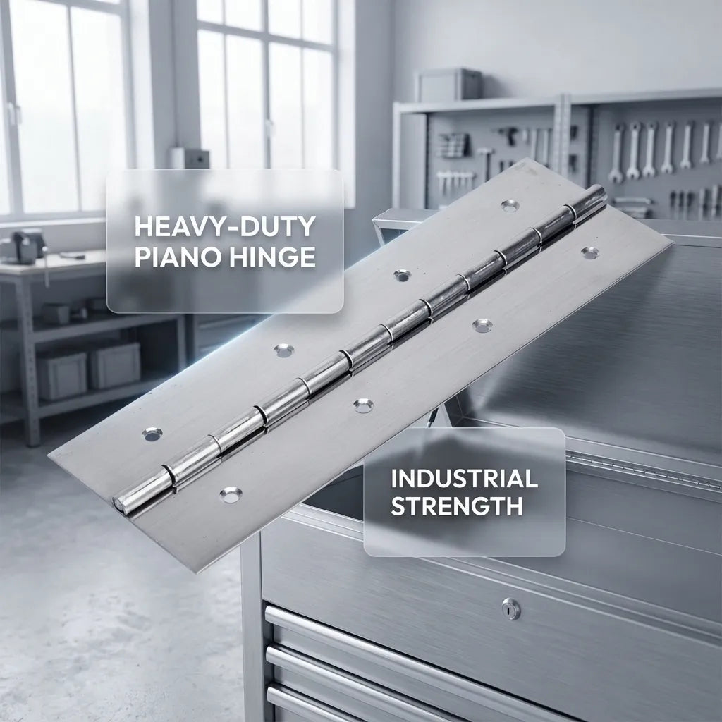 Heavy-duty piano hinge utilized on a stainless steel industrial toolbox, showcasing its structural integrity and sleek finish.