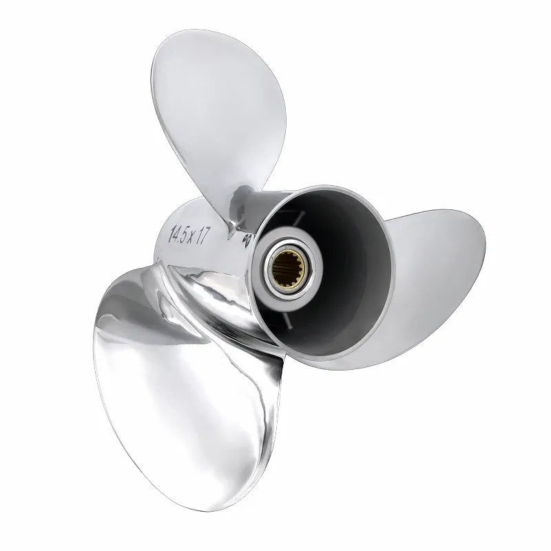 Mirror-polished 3-blade stainless steel boat propeller, sized 14.5x17, designed for high-performance Yamaha outboard motors.
