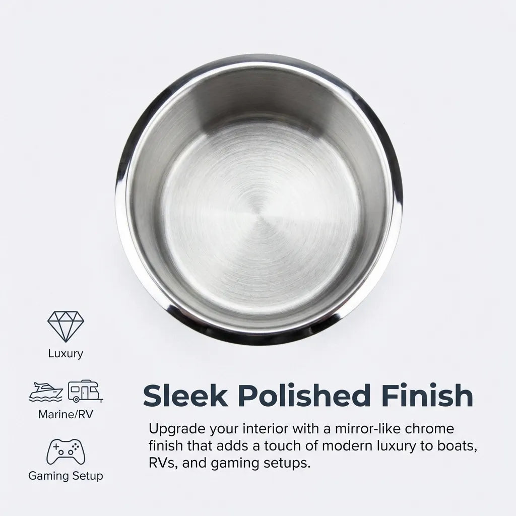 Top-down view of the cup holder emphasizing the sleek mirror-like chrome finish suitable for boats, RVs, and gaming setups.