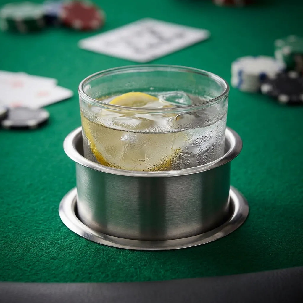 Close-up of the stainless steel cup holder installed in a green felt poker table holding a glass of iced water with lemon, surrounded by poker chips.