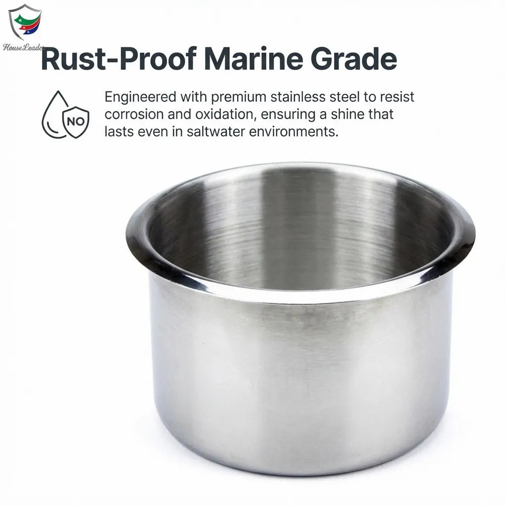 Infographic highlighting the rust-proof marine grade properties of the 304 stainless steel construction for saltwater environments.