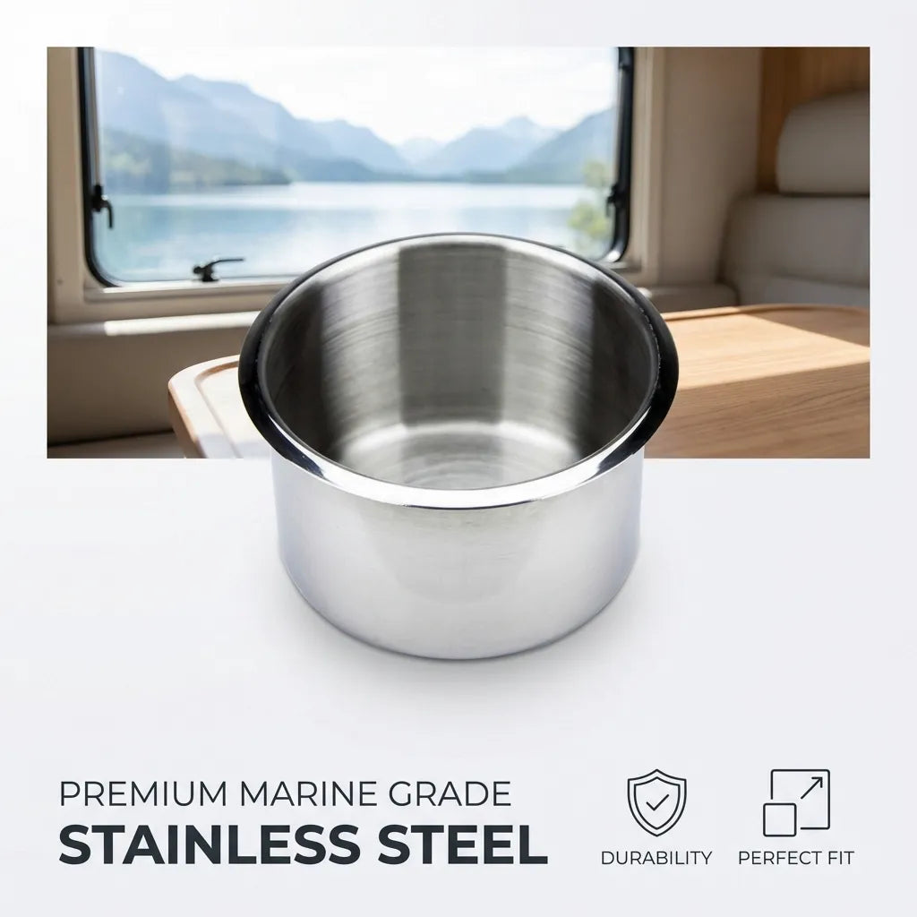 Stainless steel cup holder mounted in a wooden dashboard with an RV interior and lakeside mountain view in the background.