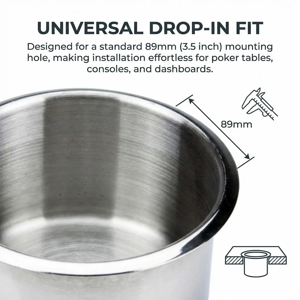 Technical diagram showing the 89mm 3.5 inch mounting hole requirement for universal drop-in installation on consoles and dashboards.