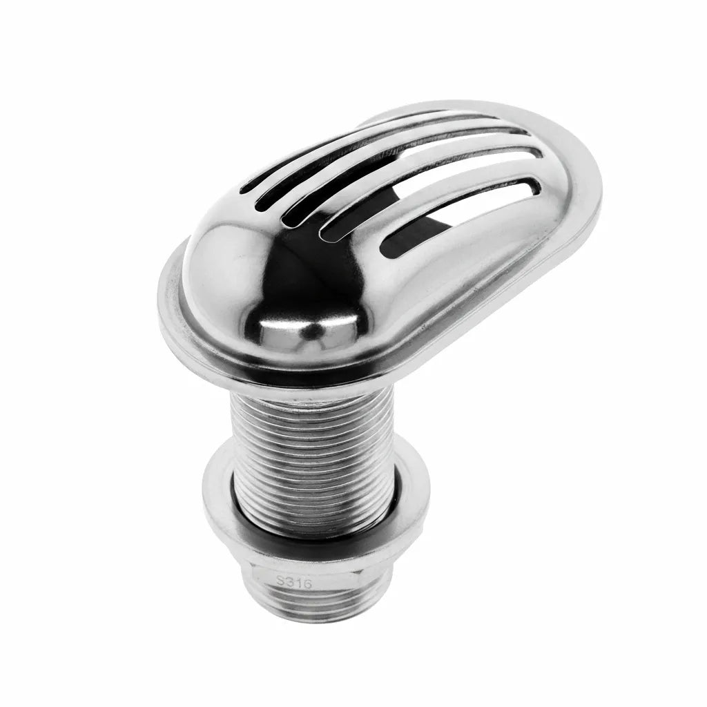 High-angle hero shot of a mirror-polished SUS316 stainless steel boat intake scoop strainer with precision-machined threads and a perforated scoop design on a pure white background.
