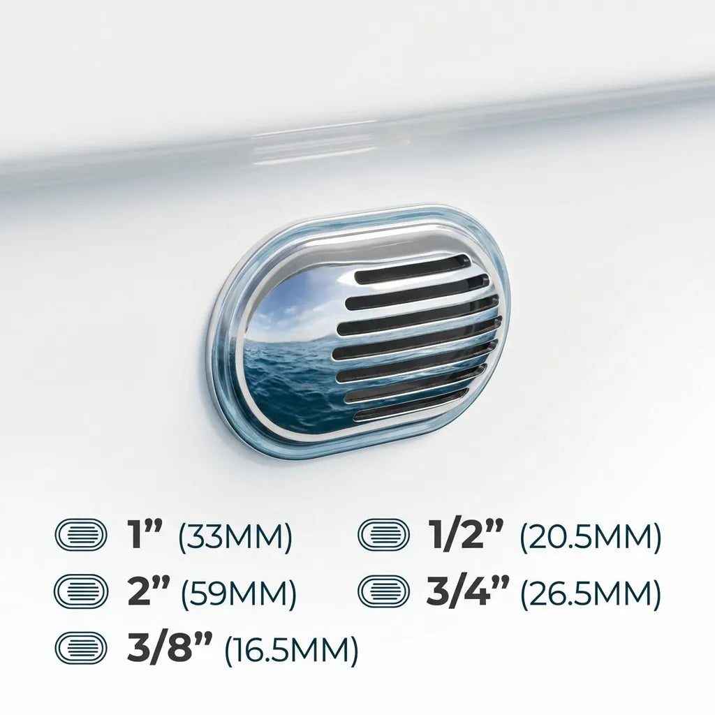 Close-up view of a boat intake strainer mounted on a white hull showing its low-profile hydrodynamic design against a reflective water surface background.