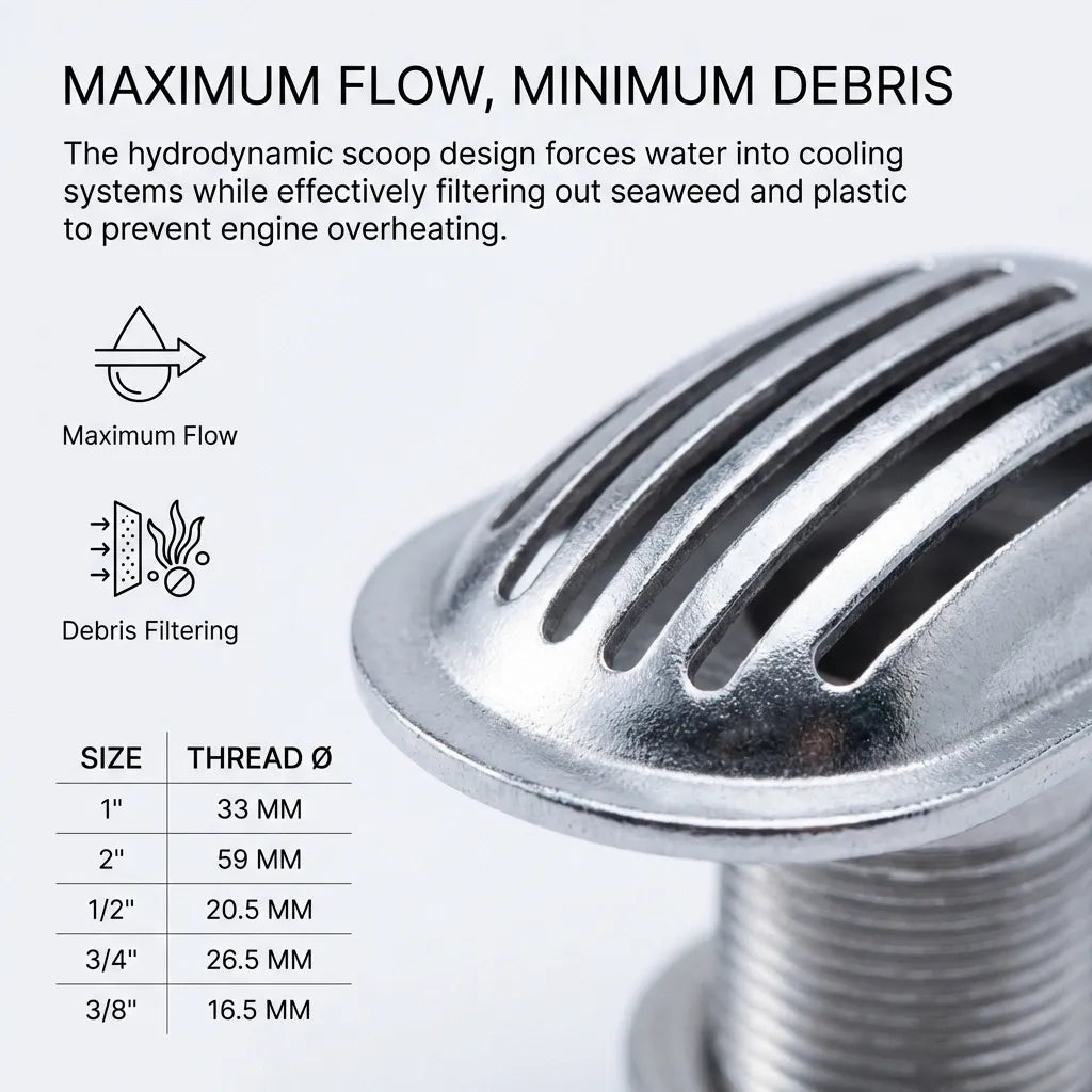 Technical infographic explaining the hydrodynamic scoop design for maximum cooling flow and integrated filtering for seaweed and marine debris prevention.