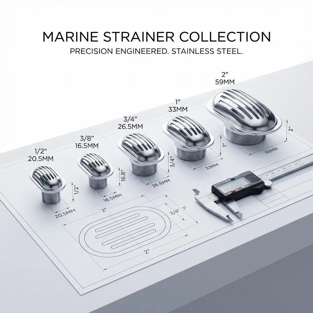 Marine strainer collection displayed on technical blueprints with a digital caliper showing precision engineering and exact metric measurements for hull installation.