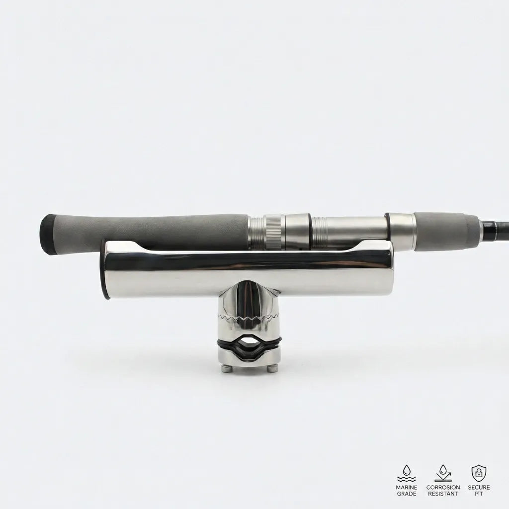 A fishing rod handle inserted into the polished stainless steel clamp-on holder, demonstrating the protective polymer liner.