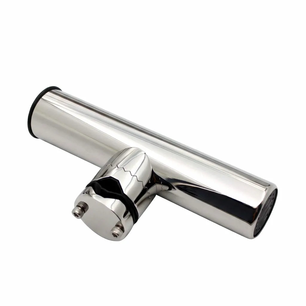 Mirror-polished 316L stainless steel tournament-style fishing rod holder with adjustable rail clamp on a white background.