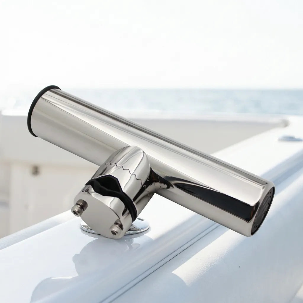 Close-up of the stainless steel rod holder securely mounted to a white boat gunwale rail in a marine environment.