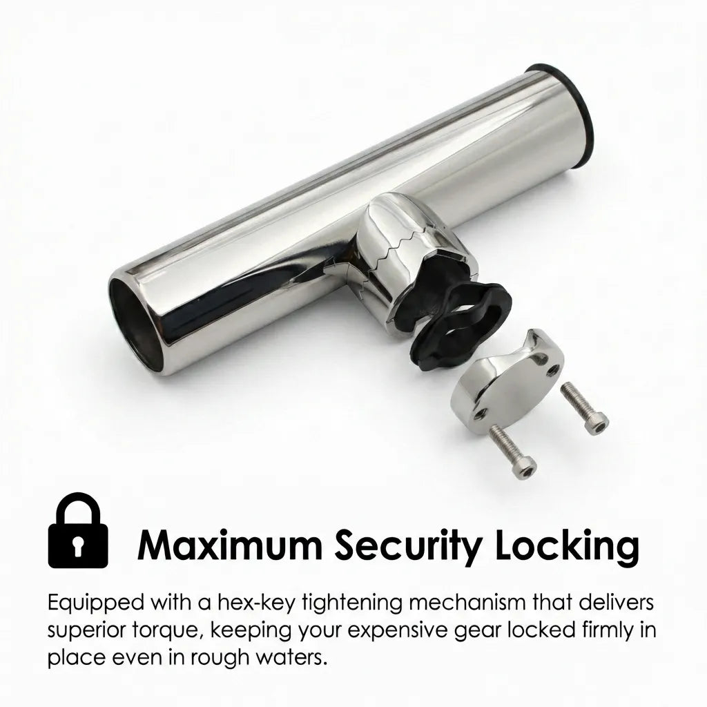 Exploded view showing the hex-key tightening mechanism and serrated locking teeth for 360-degree stability.