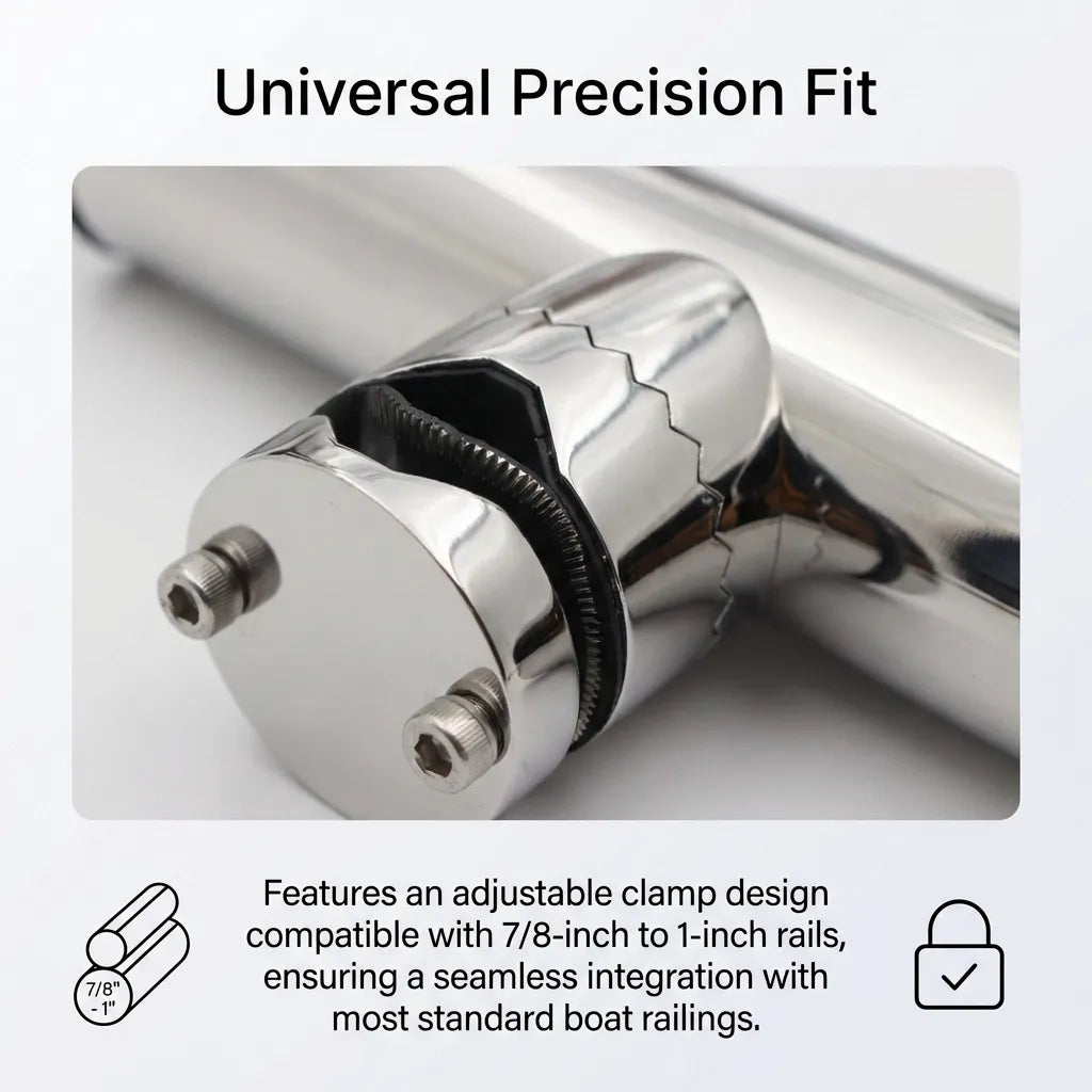 Diagram showing the adjustable clamp design compatible with 7/8-inch to 1-inch boat railings.