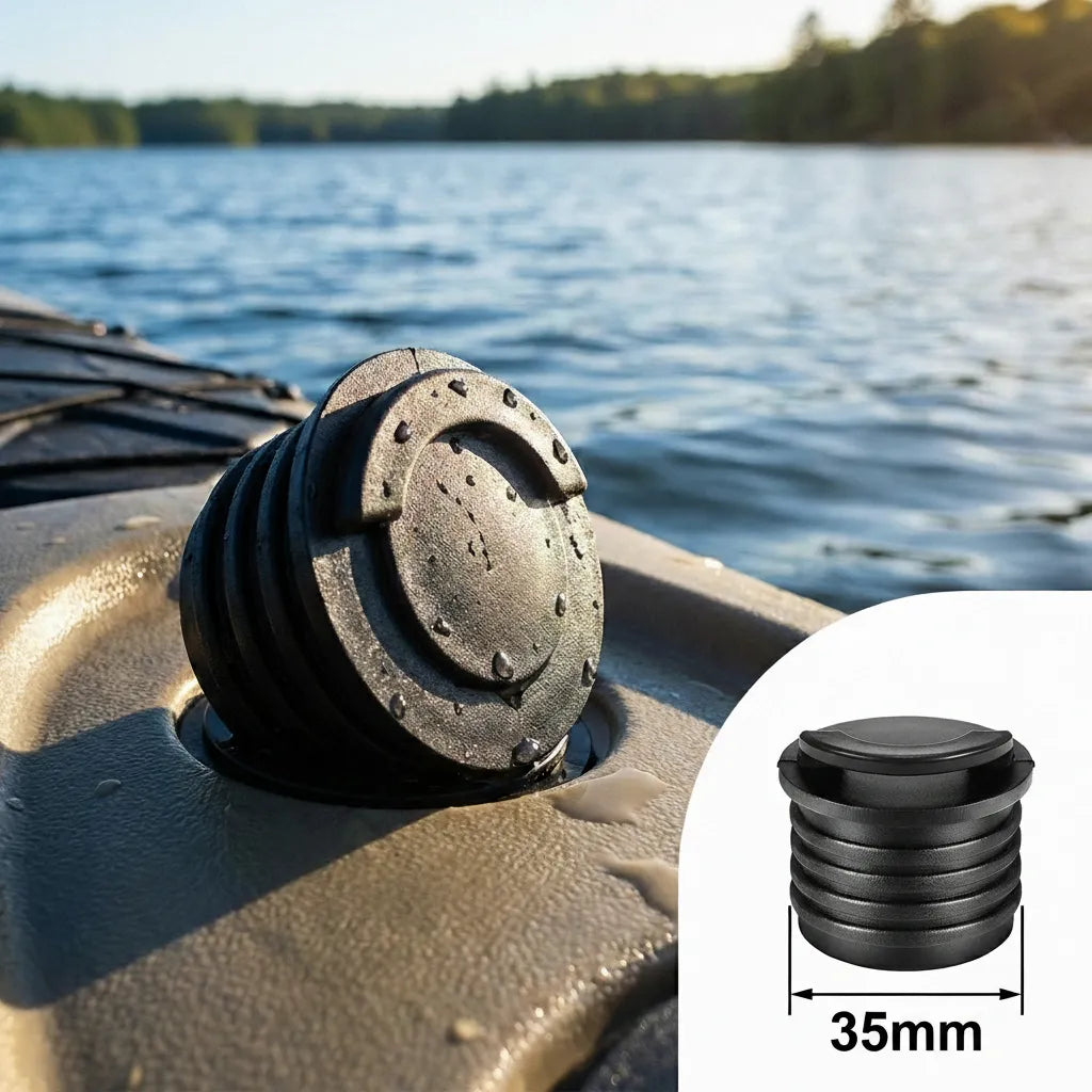 Close-up of a 35mm scupper plug installed securely in a kayak drainage hole on a lake.