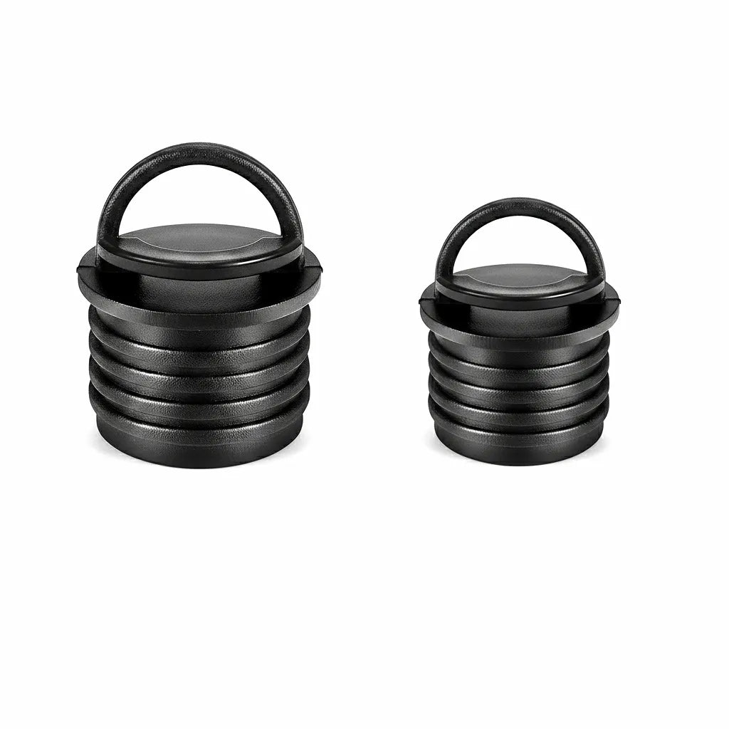 Dual pack of black marine-grade kayak scupper plugs with integrated pull rings on a pure white background.