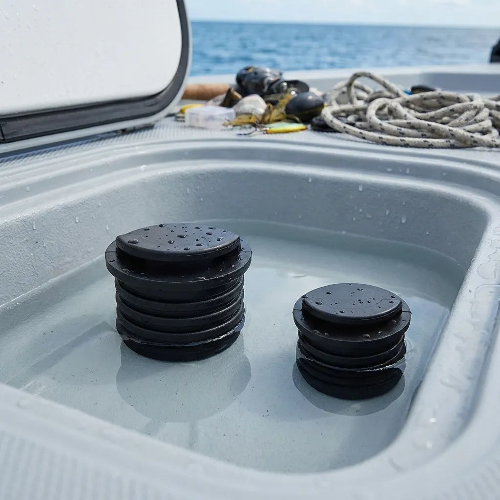 Two scupper plugs submerged in a boat livewell showing watertight seal performance in marine environments.