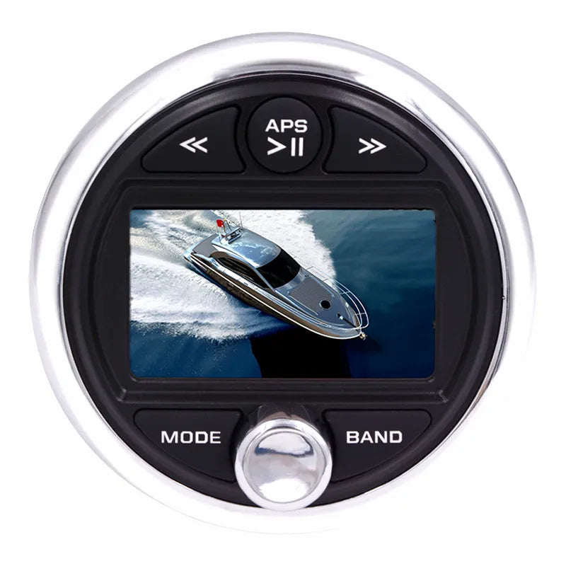 Waterproof Marine Bluetooth FM Radio with Display and Control Buttons on White Background