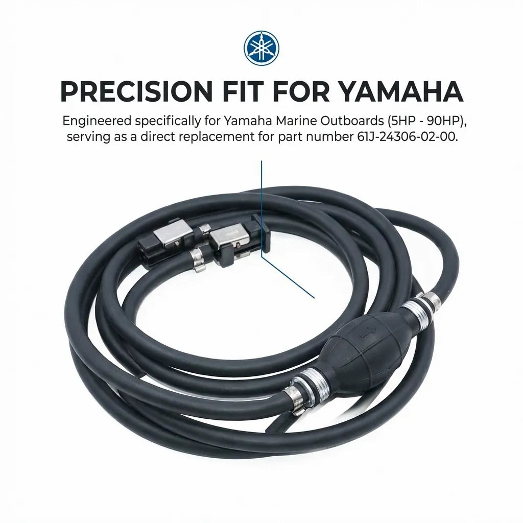 Infographic showing the fuel line's precision fit for Yamaha Marine Outboards from 5HP to 90HP, replacing part number 61J-24306-02-00.