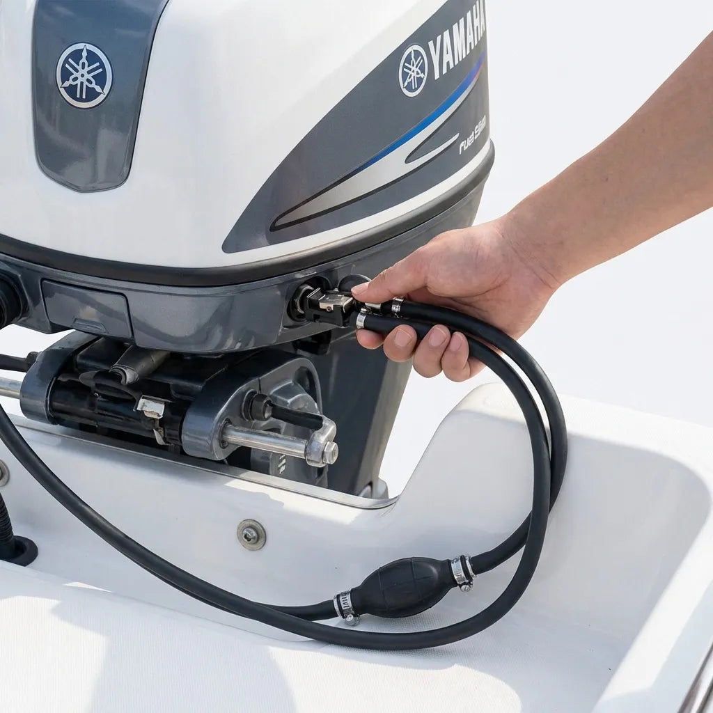 A close-up view of a hand connecting the precision-molded fuel line connector into a Yamaha outboard motor on a boat.