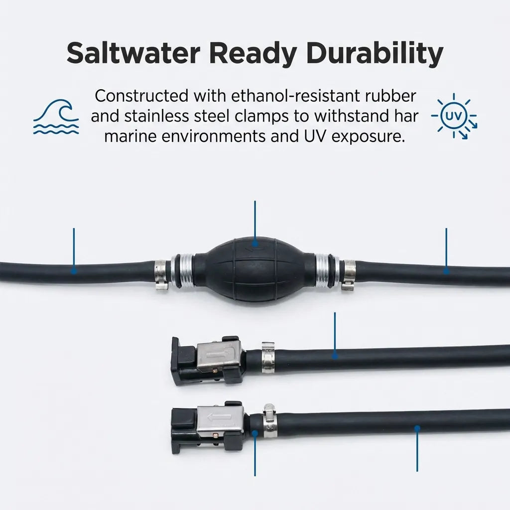 Graphic highlighting the saltwater-ready construction using ethanol-resistant rubber and UV-stabilized materials for harsh marine environments.