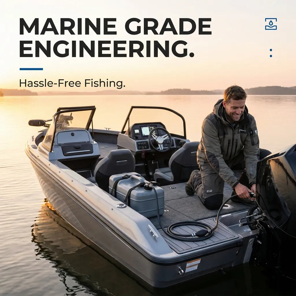 A boater installing the 6mm fuel line assembly on a bass boat during sunset, demonstrating marine-grade engineering for hassle-free fishing.