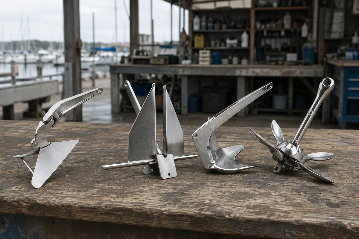 AI-generated technical illustration comparing plow, fluke, claw and grapnel anchors on a marina workbench.