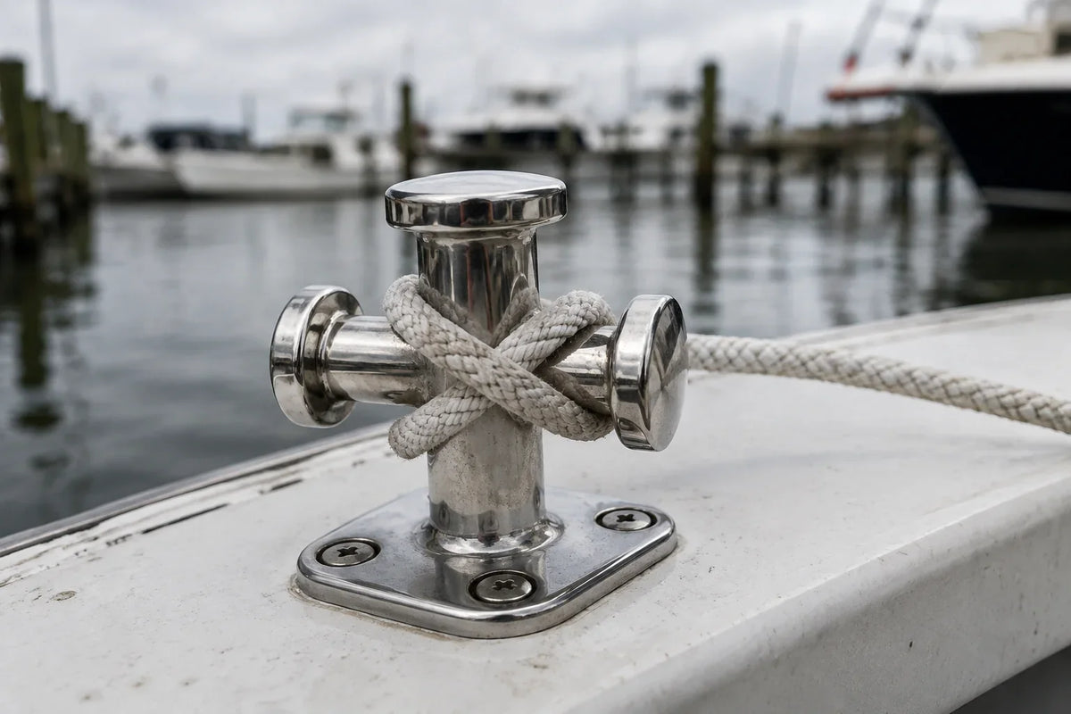 AI-generated technical illustration of a stainless cross-bit bollard mounted on a boat deck with a dock line.