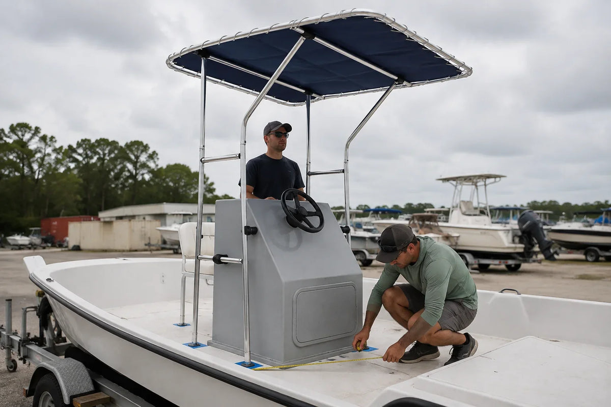 AI-generated technical illustration of a center-console T-top being dry-positioned and measured on a trailer boat.