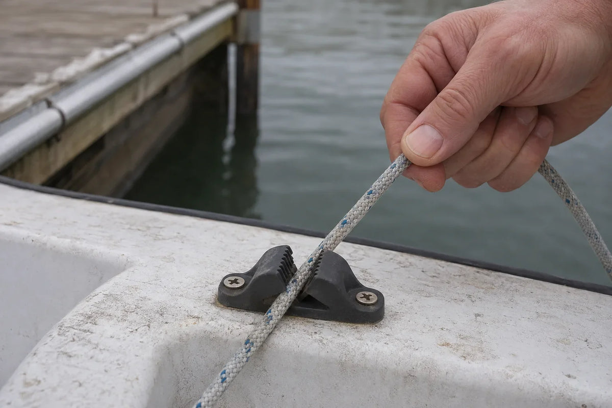 AI-generated technical illustration of a small-boat clam cleat holding a braided line at its working lead angle.